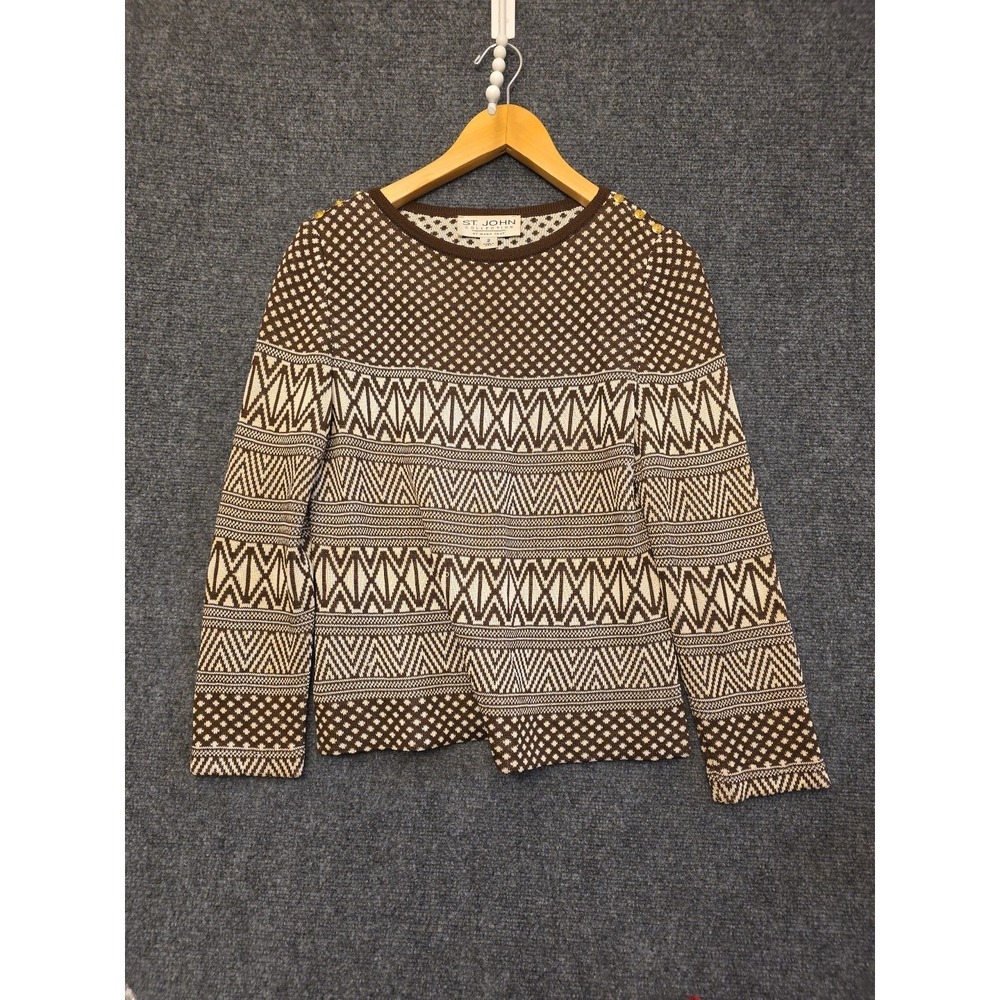 St John Collection Sweater Womens 10‎ Brown Geometric Button Trim
